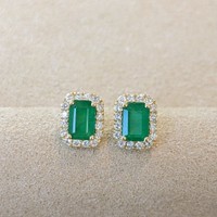 1.14 Ct.Tw.Total Carat Weight Emerald and Natural Diamond Studs Earrings, 14K Yellow Gold Image