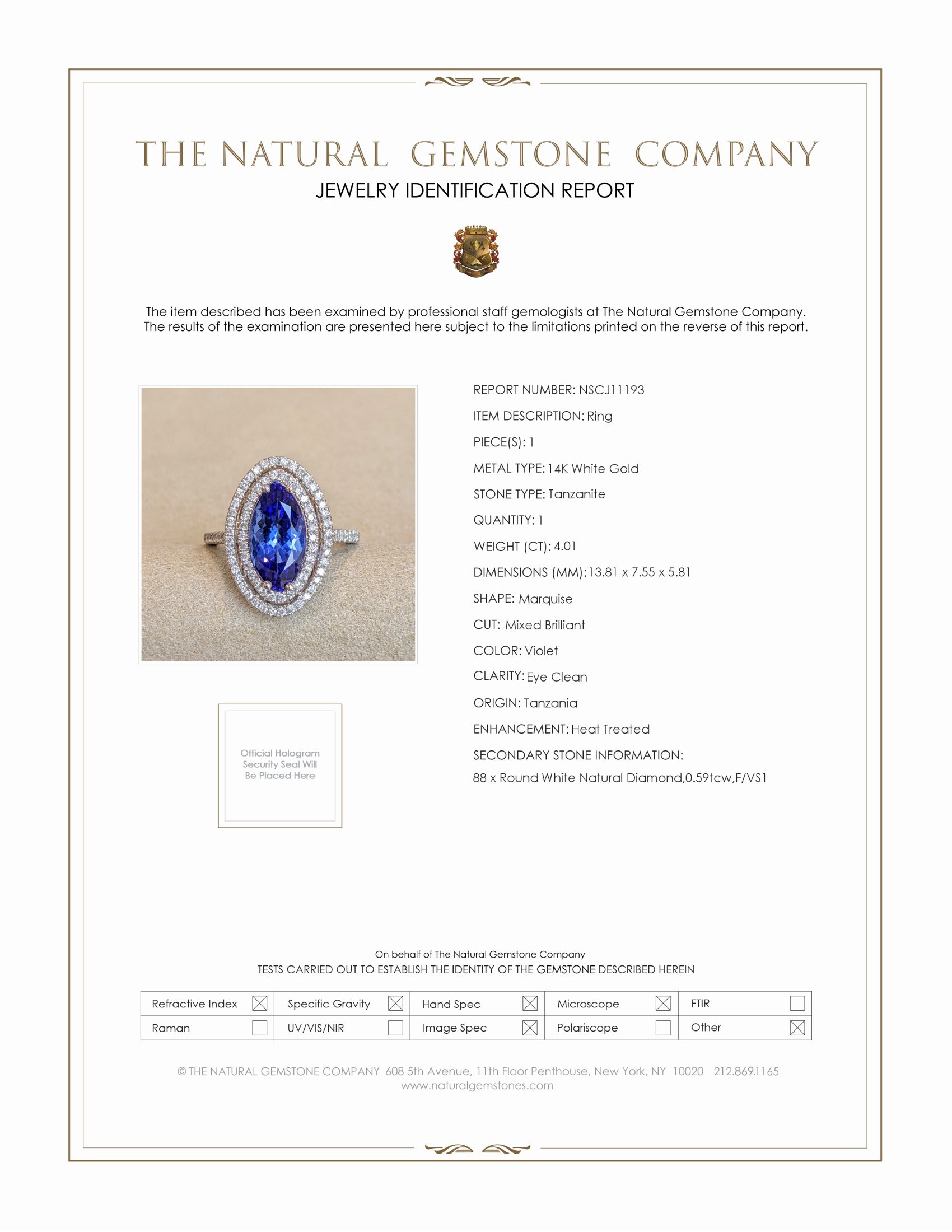 4.01 Ct. Tanzanite Natural Diamond Pave Ring, 14K White Gold