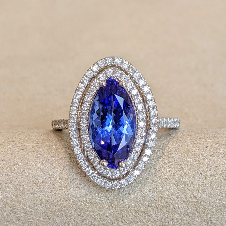 4.01 Ct. Tanzanite Natural Diamond Pave Ring, 14K White Gold