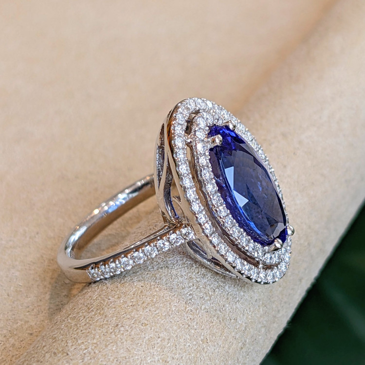 4.01 Ct. Tanzanite Natural Diamond Pave Ring, 14K White Gold