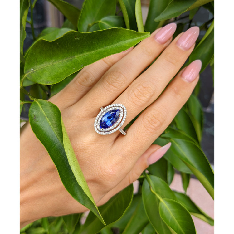 4.01 Ct. Tanzanite Natural Diamond Pave Ring, 14K White Gold