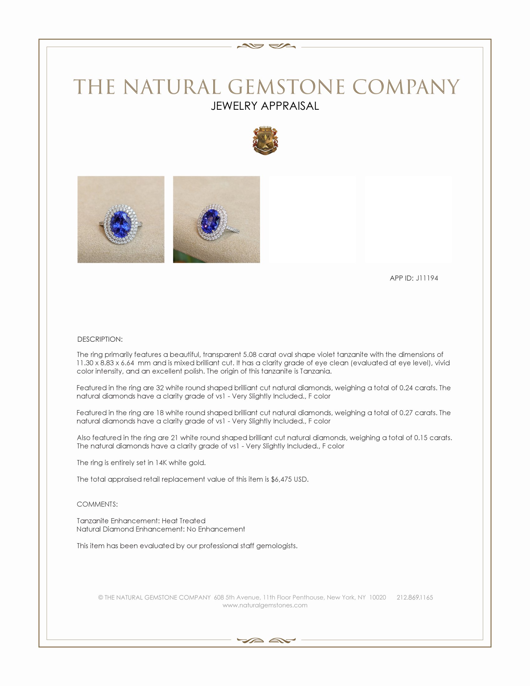 5.08 Ct. Violet Tanzanite and Natural Diamond Pave Ring, 14K White Gold