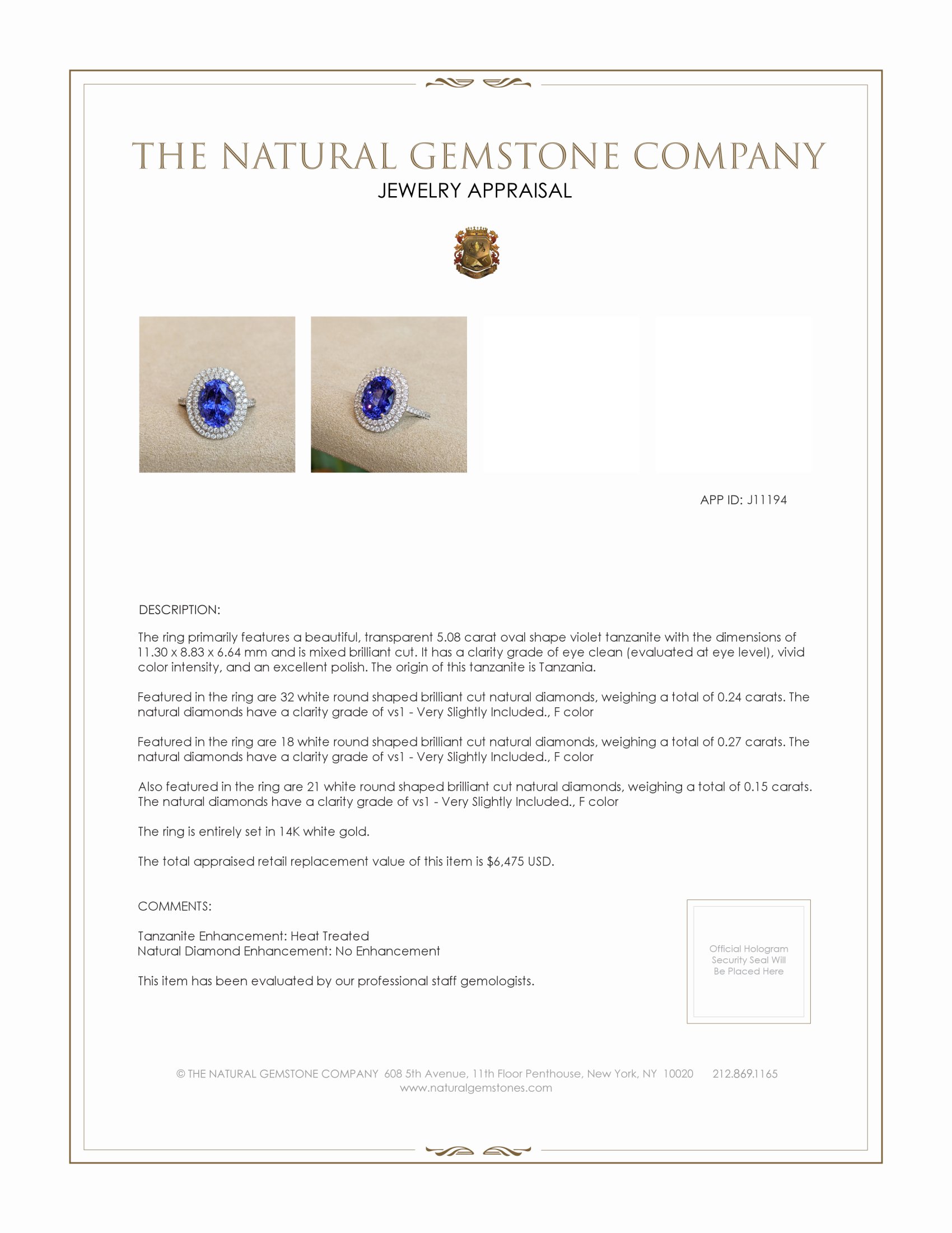 5.08 Ct. Tanzanite Natural Diamond Pave Ring, 14K White Gold