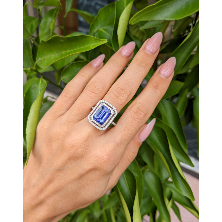 4.50 Ct. Tanzanite Natural Diamond Pave Ring, 14K White Gold