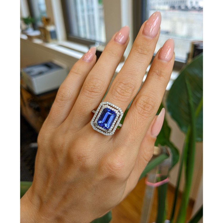 4.50 Ct. Tanzanite Natural Diamond Pave Ring, 14K White Gold