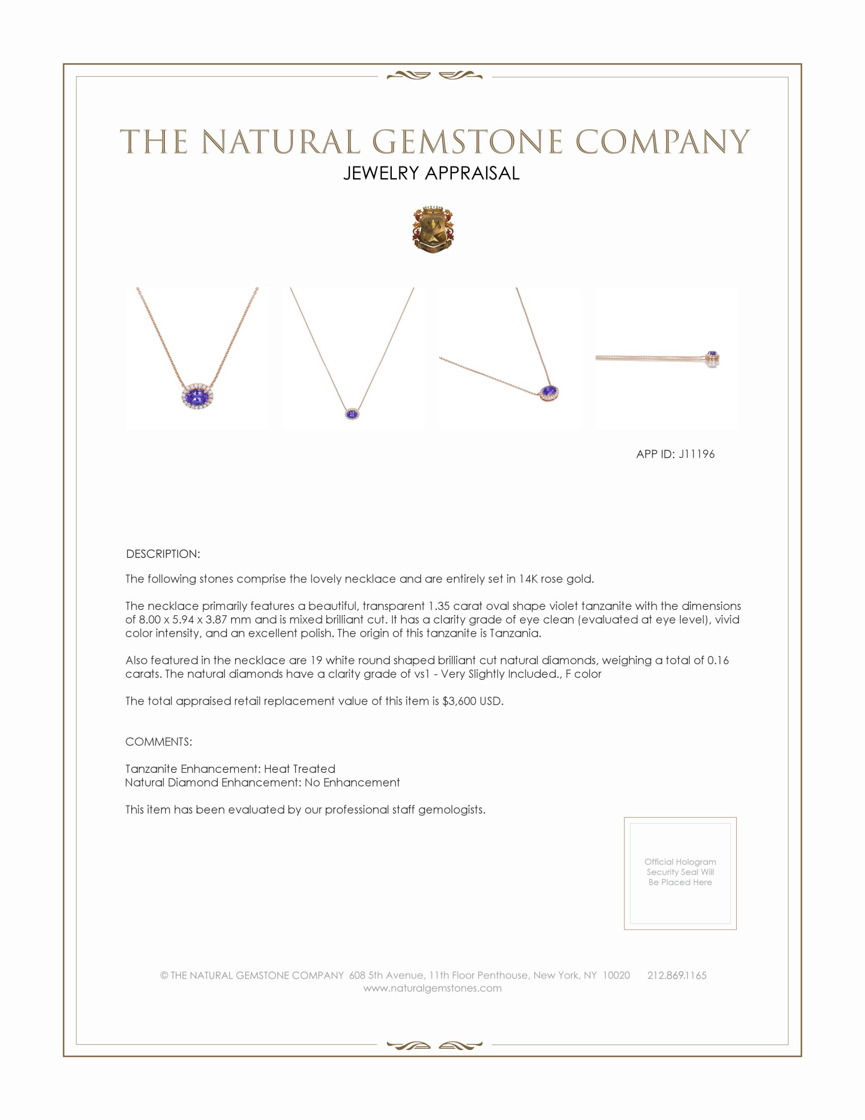 1.35 Ct. Tanzanite Natural Diamond Pave Necklace, 14K Rose Gold