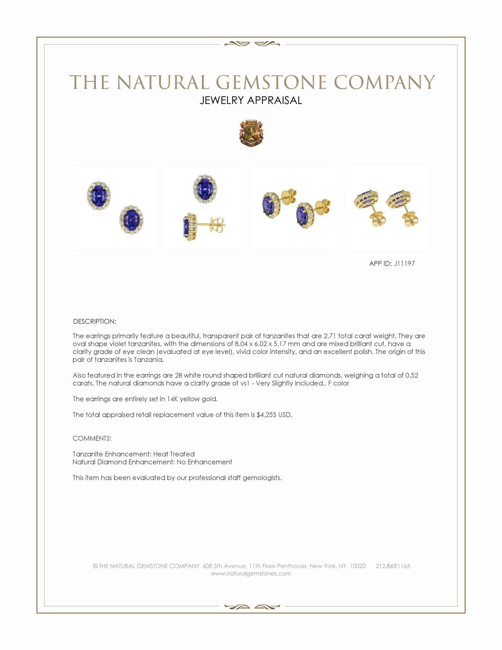 2.71 Ct.Tw. Violet Tanzanite and Natural Diamond Studs Earrings, 14K Yellow Gold