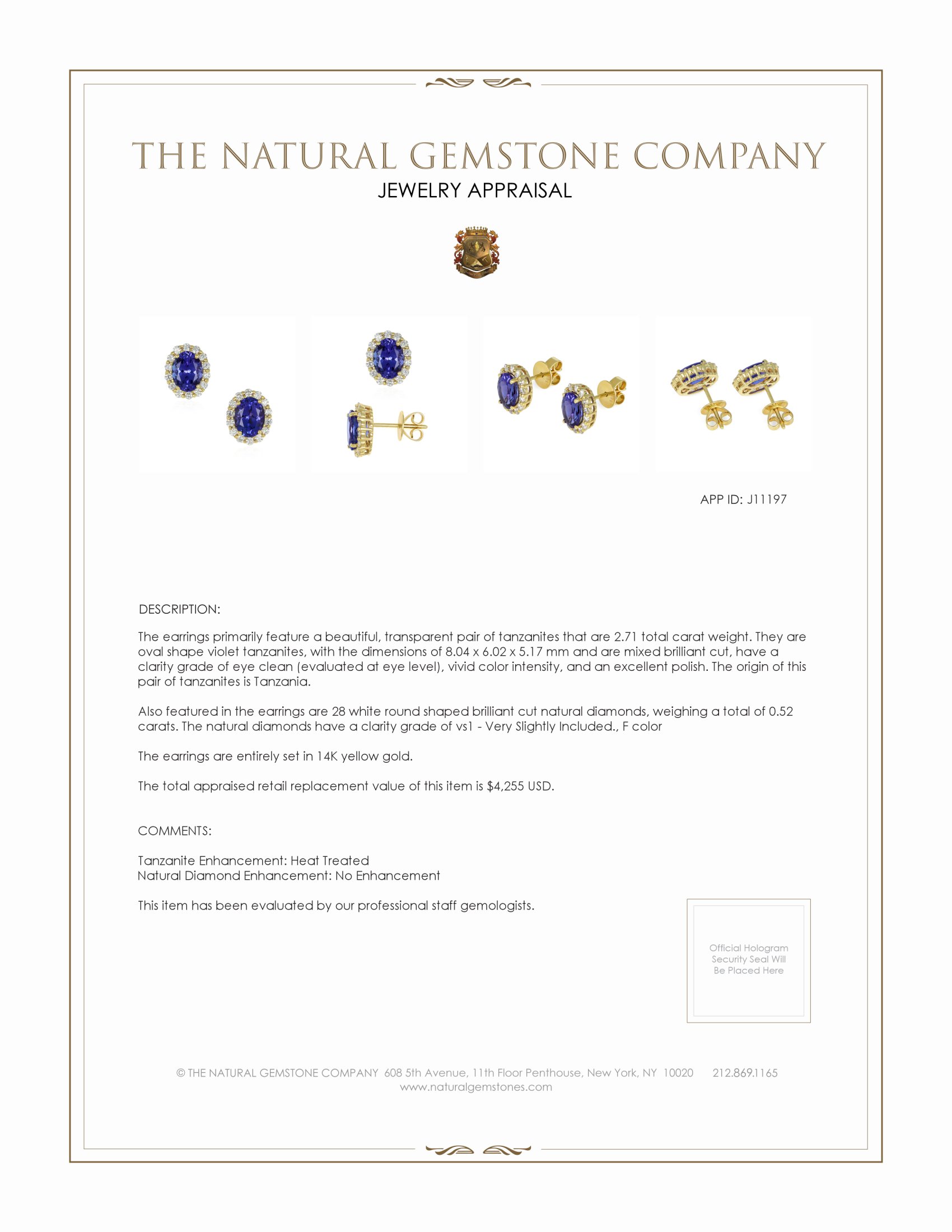 2.71 Ct.Tw. Violet Tanzanite and Natural Diamond Studs Earrings, 14K Yellow Gold