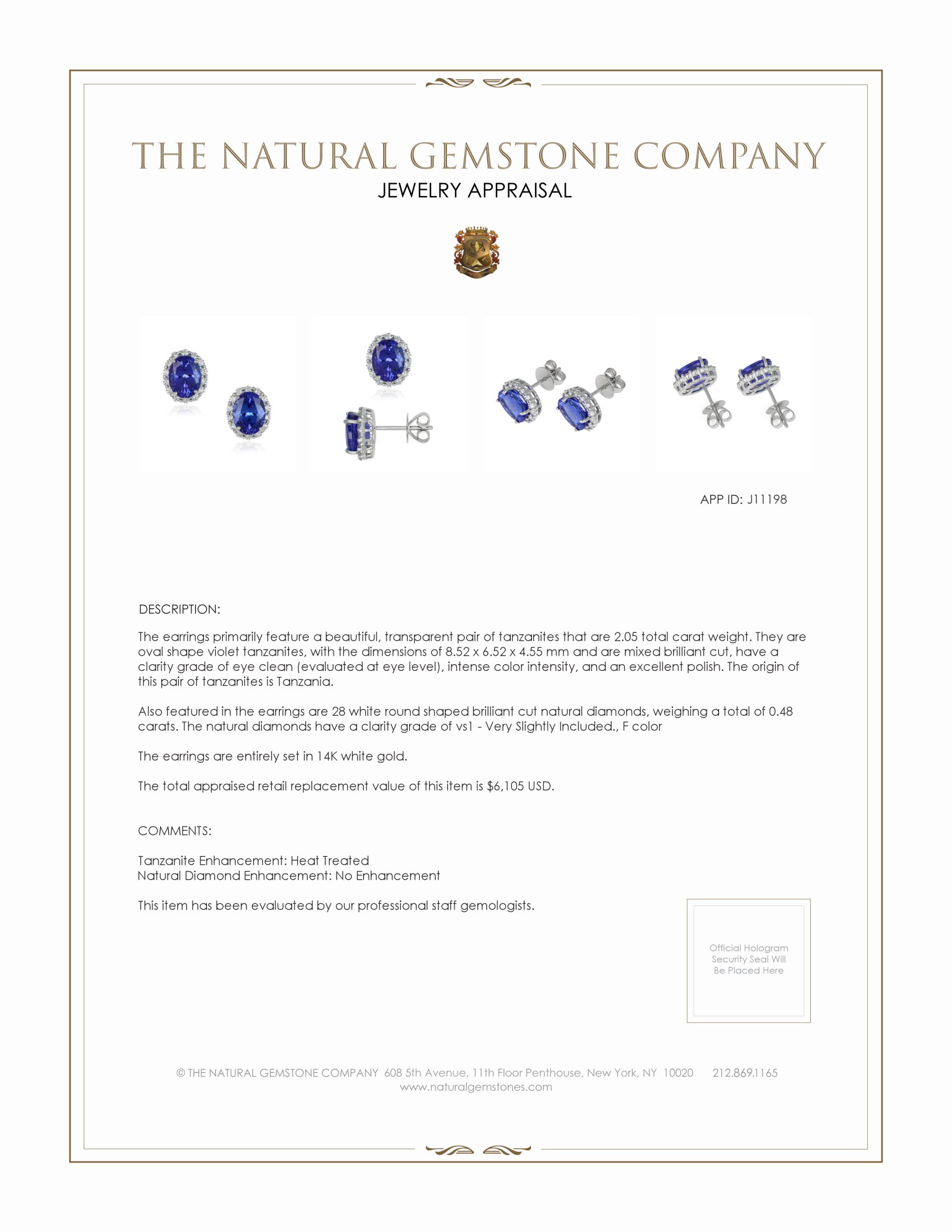 2.05 Ct.Tw. Tanzanite Natural Diamond Studs Earrings, 14K White Gold