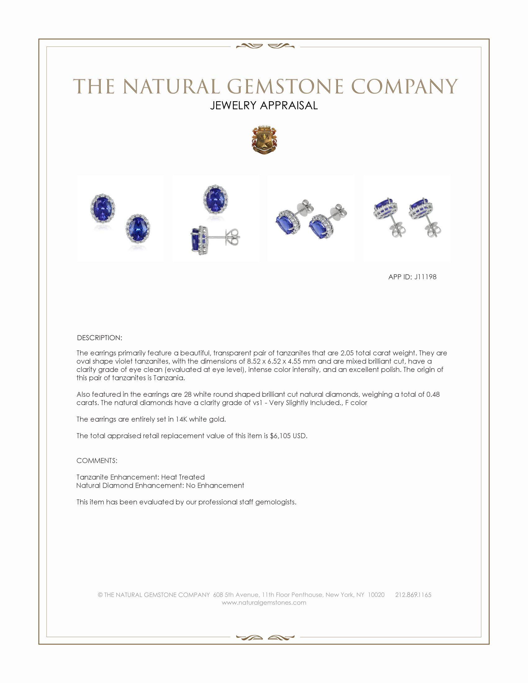2.05 Ct.Tw. Violet Tanzanite and Natural Diamond Studs Earrings, 14K White Gold