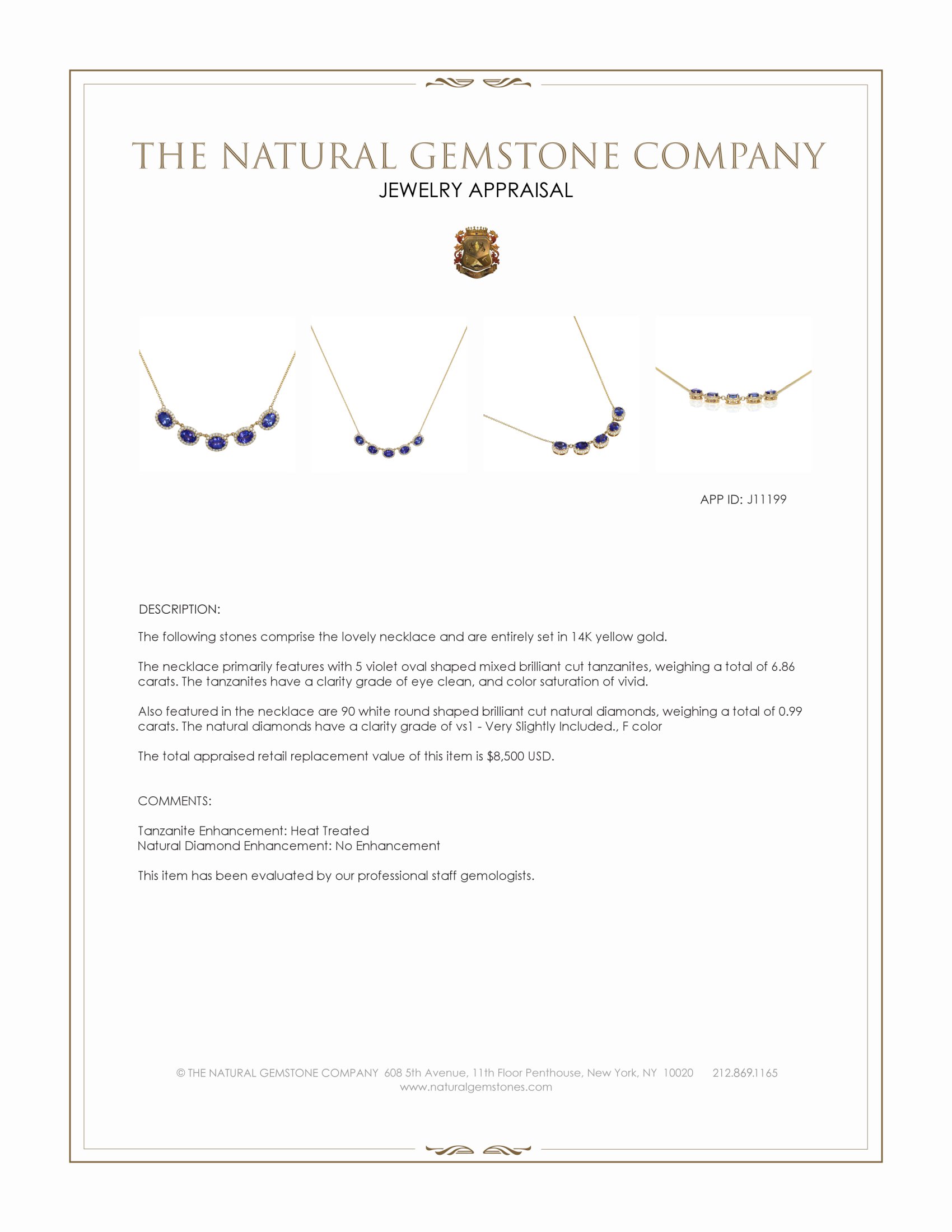 6.86 Ct. Violet Tanzanite and Natural Diamond Pave Necklace, 14K Yellow Gold