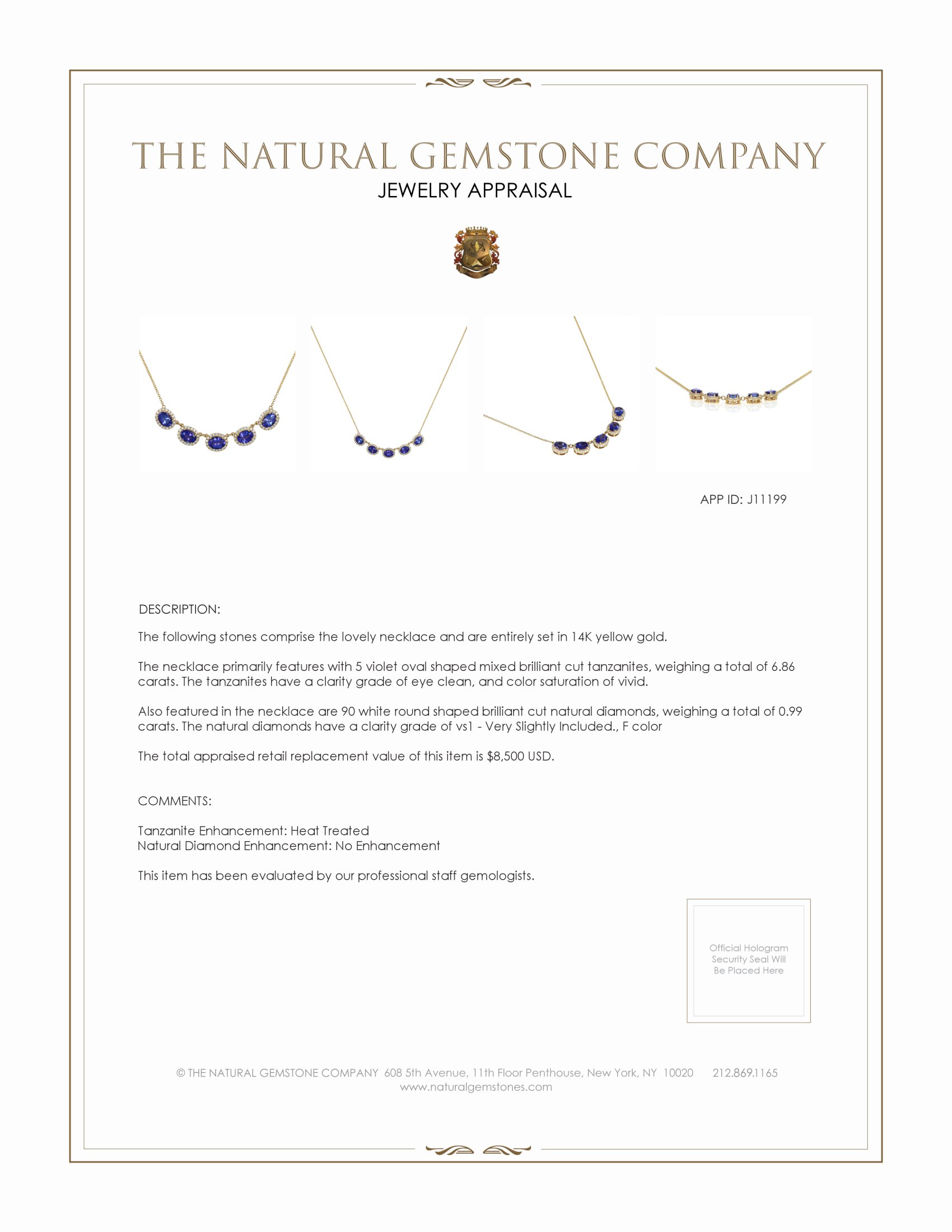 6.86 Ct. Tanzanite Natural Diamond Pave Necklace, 14K Yellow Gold