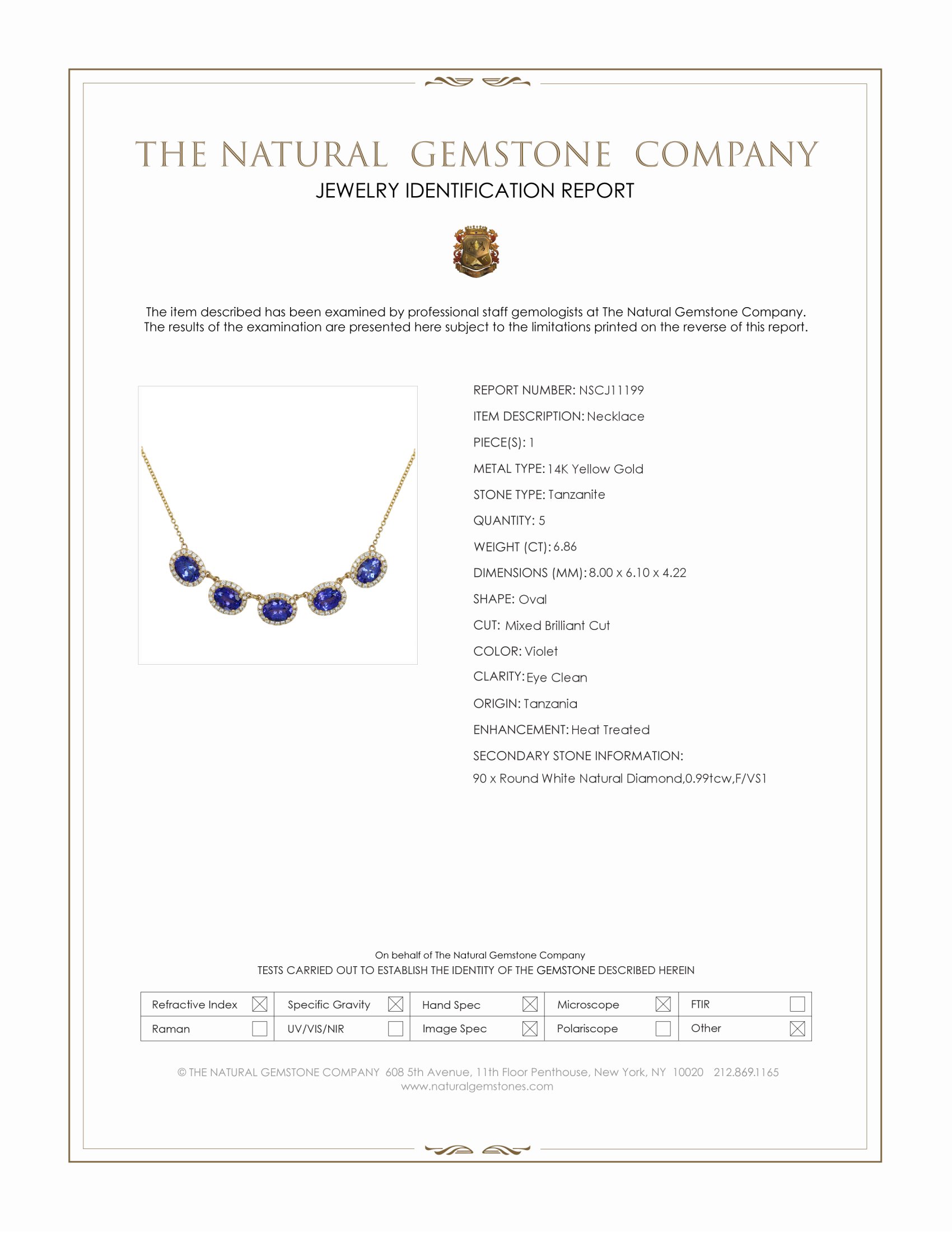 6.86 Ct. Violet Tanzanite and Natural Diamond Pave Necklace, 14K Yellow Gold