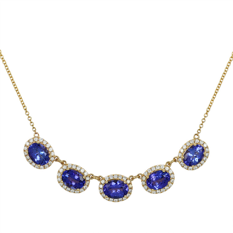 6.86 Ct. Tanzanite Natural Diamond Pave Necklace, 14K Yellow Gold