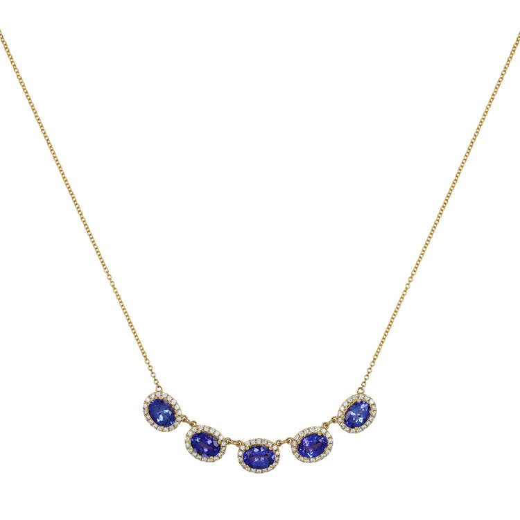 6.86 Ct. Tanzanite Natural Diamond Pave Necklace, 14K Yellow Gold