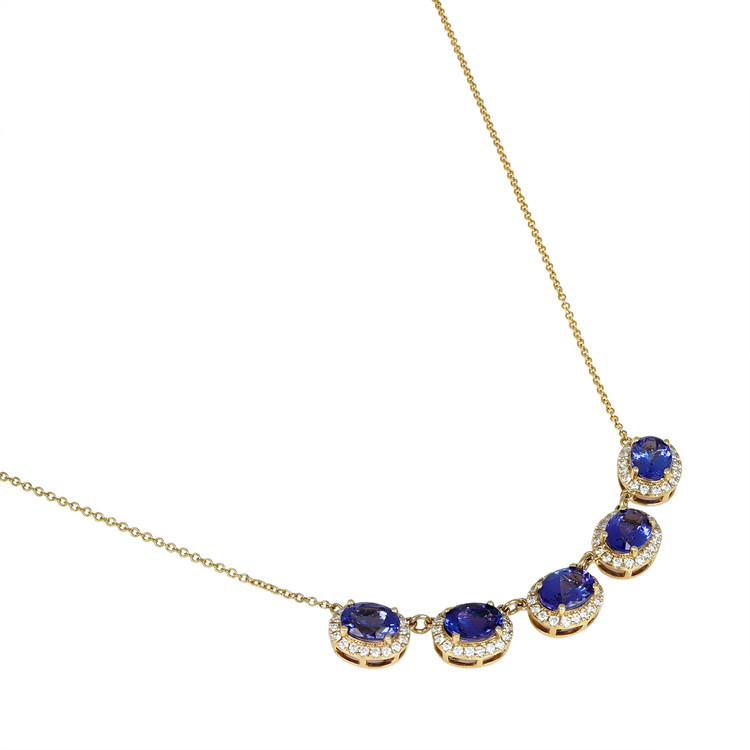 6.86 Ct. Tanzanite Natural Diamond Pave Necklace, 14K Yellow Gold
