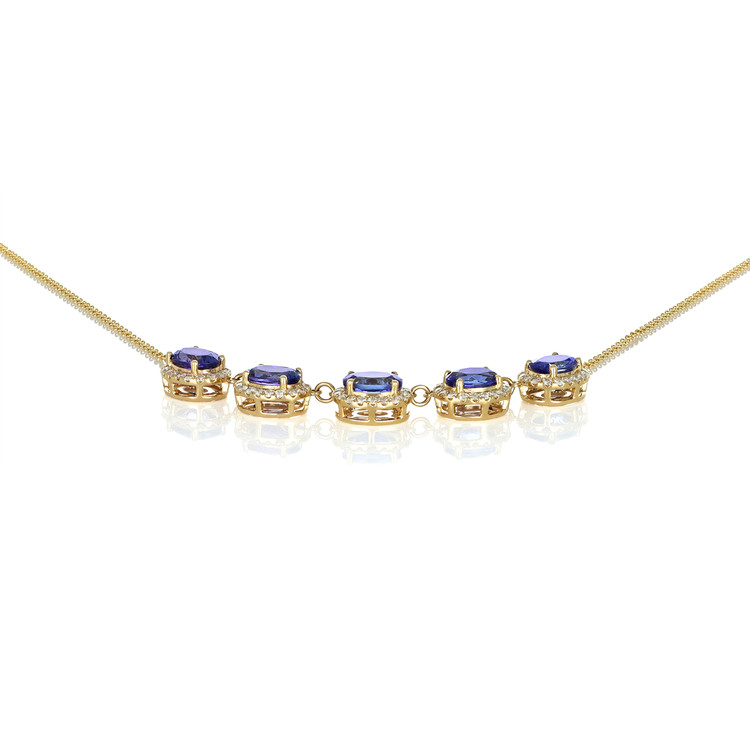 6.86 Ct. Tanzanite Natural Diamond Pave Necklace, 14K Yellow Gold
