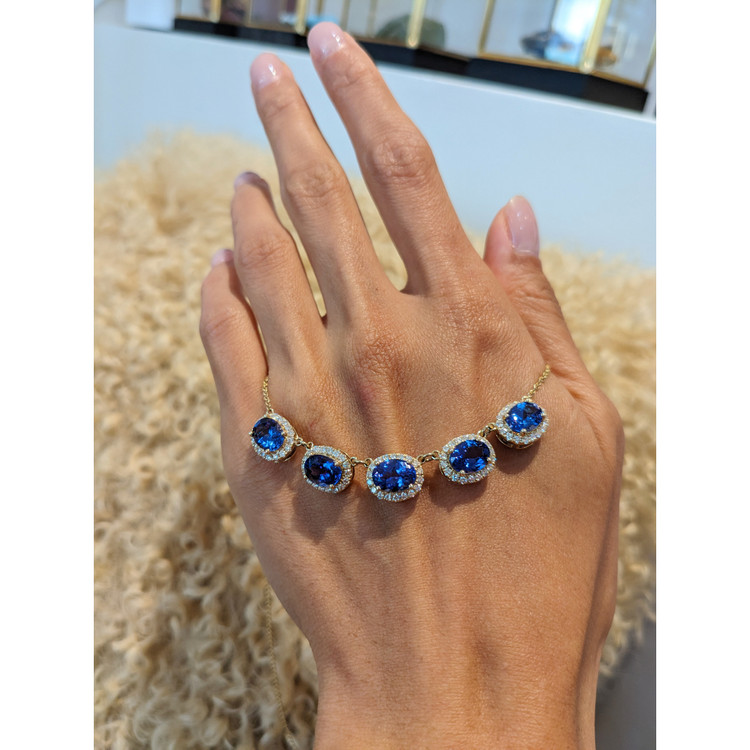 6.86 Ct. Tanzanite Natural Diamond Pave Necklace, 14K Yellow Gold