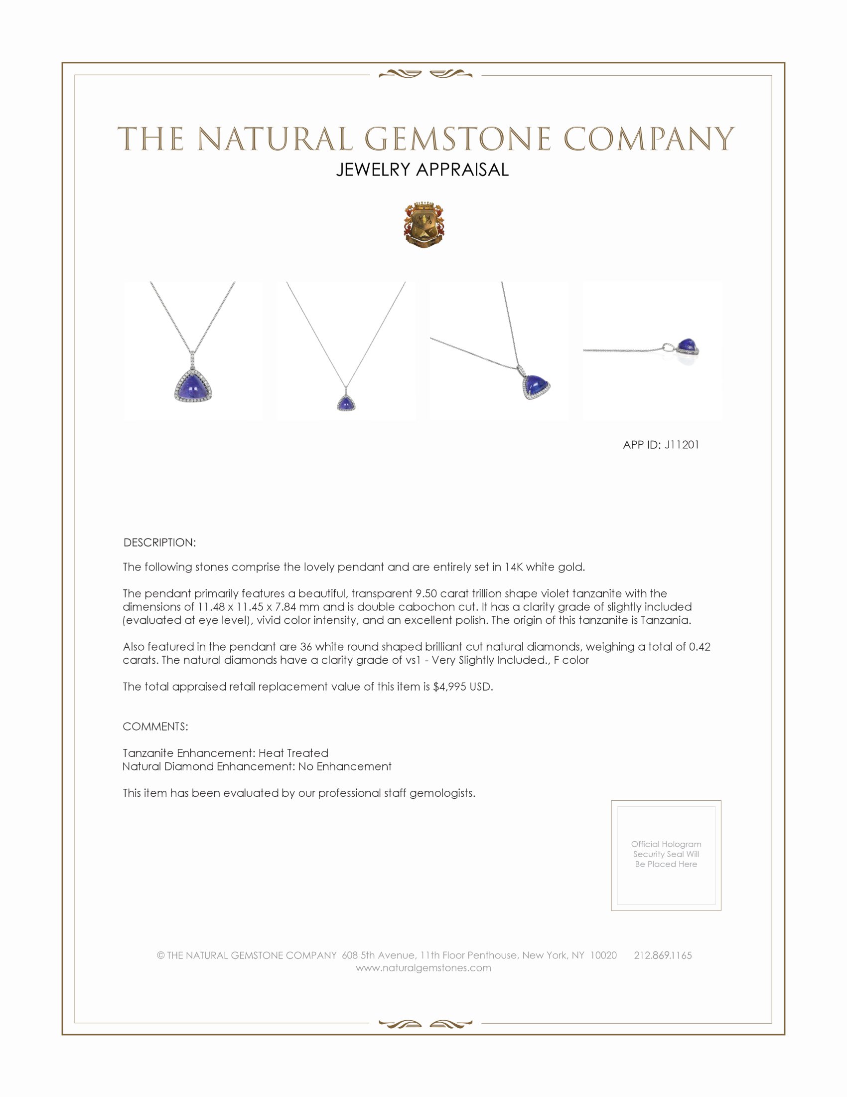 9.50 Ct. Tanzanite Natural Diamond Pave Pendant, 14K White Gold