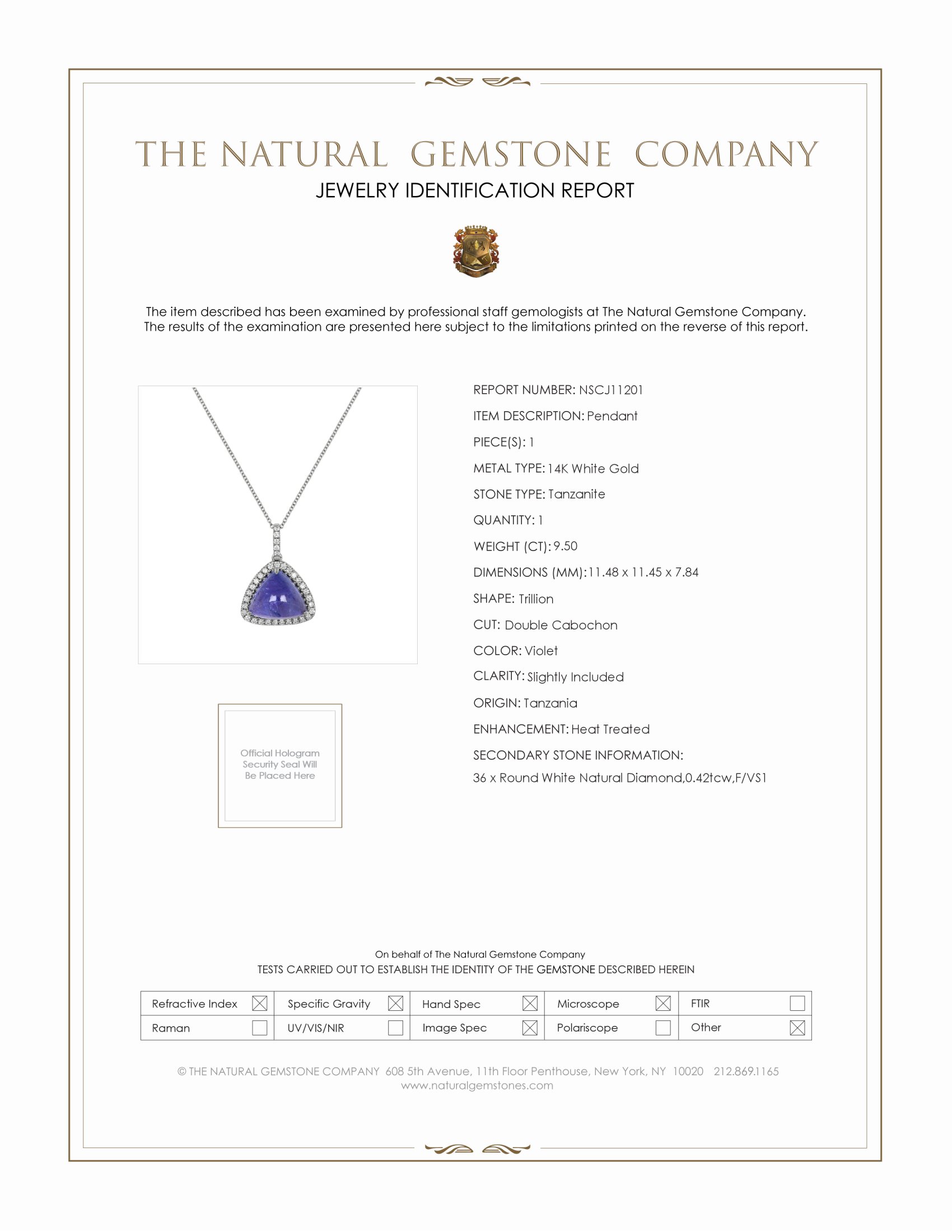 9.50 Ct. Tanzanite Natural Diamond Pave Pendant, 14K White Gold