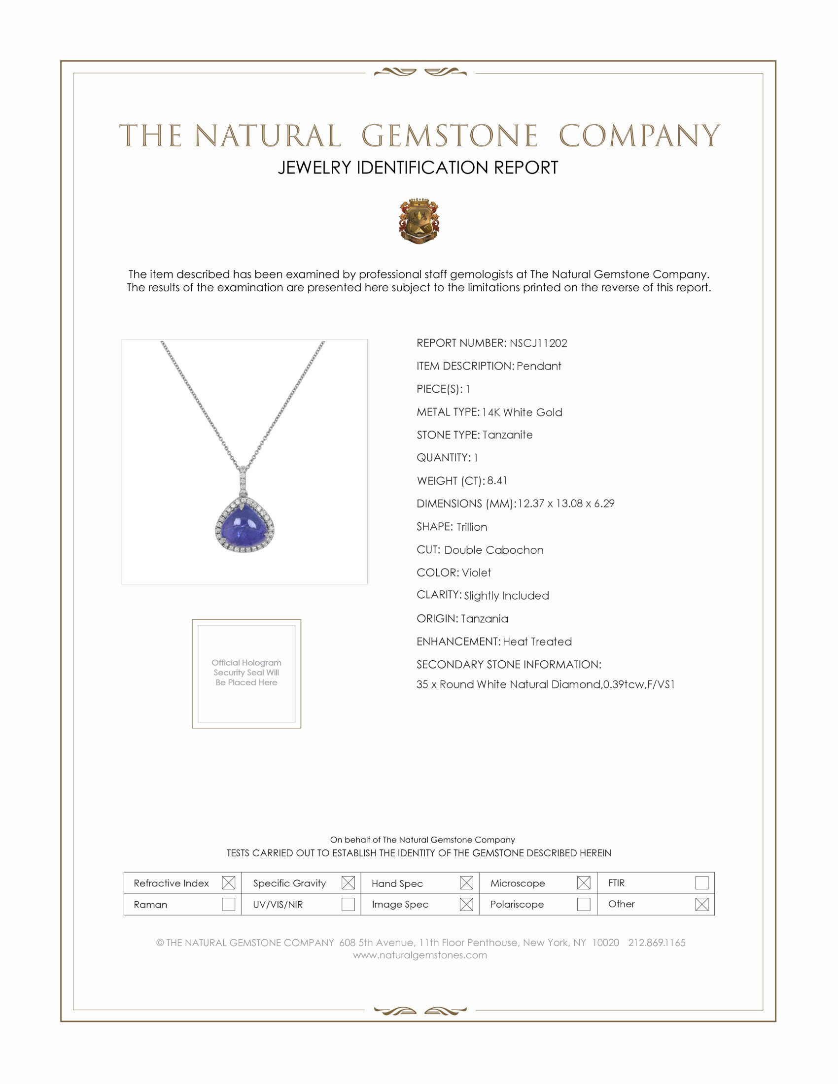 8.41 Ct. Tanzanite Natural Diamond Pave Pendant, 14K White Gold