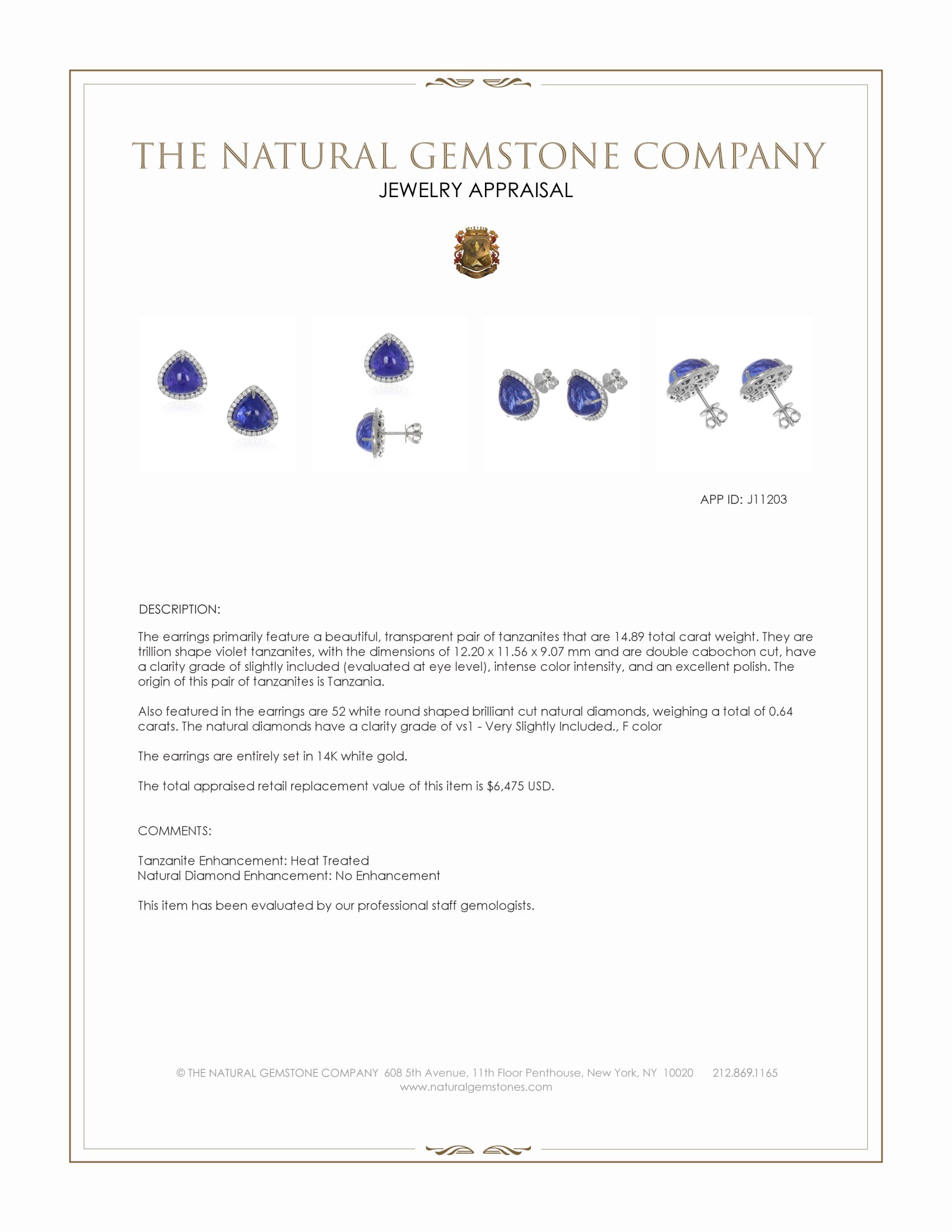 14.89 Ct.Tw. Violet Tanzanite and Natural Diamond Studs Earrings, 14K White Gold