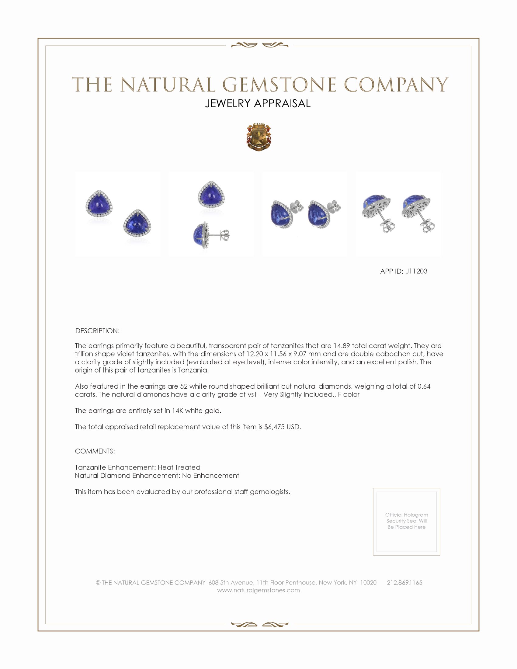 14.89 Ct.Tw. Violet Tanzanite and Natural Diamond Studs Earrings, 14K White Gold