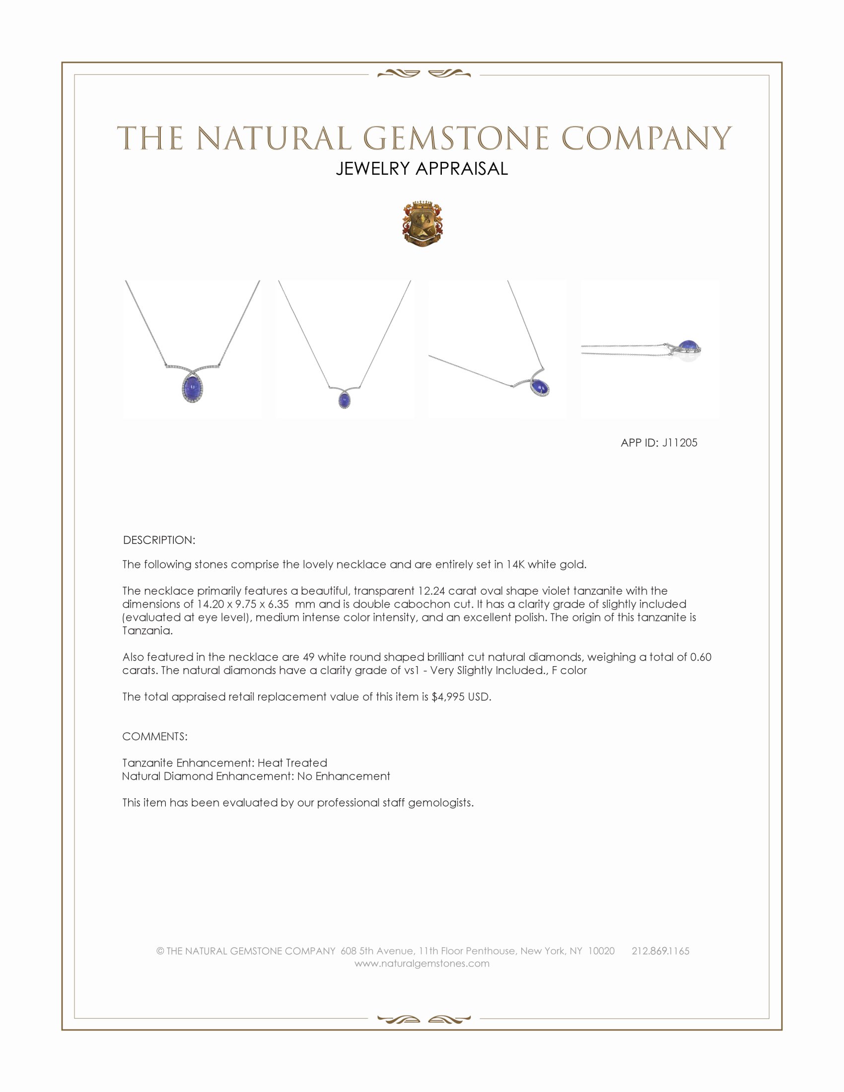12.24 Ct. Violet Tanzanite and Natural Diamond Pave Necklace, 14K White Gold