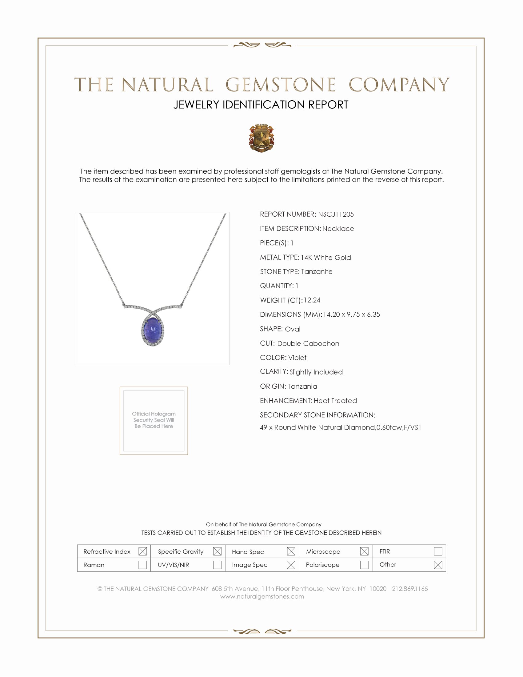 12.24 Ct. Tanzanite Natural Diamond Pave Necklace, 14K White Gold