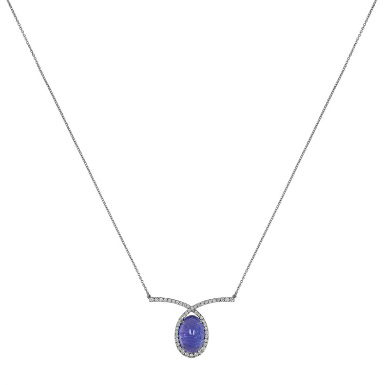 12.24 Ct. Tanzanite Natural Diamond Pave Necklace, 14K White Gold