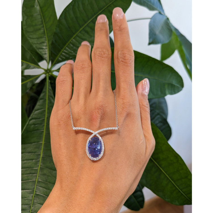 12.24 Ct. Tanzanite Natural Diamond Pave Necklace, 14K White Gold