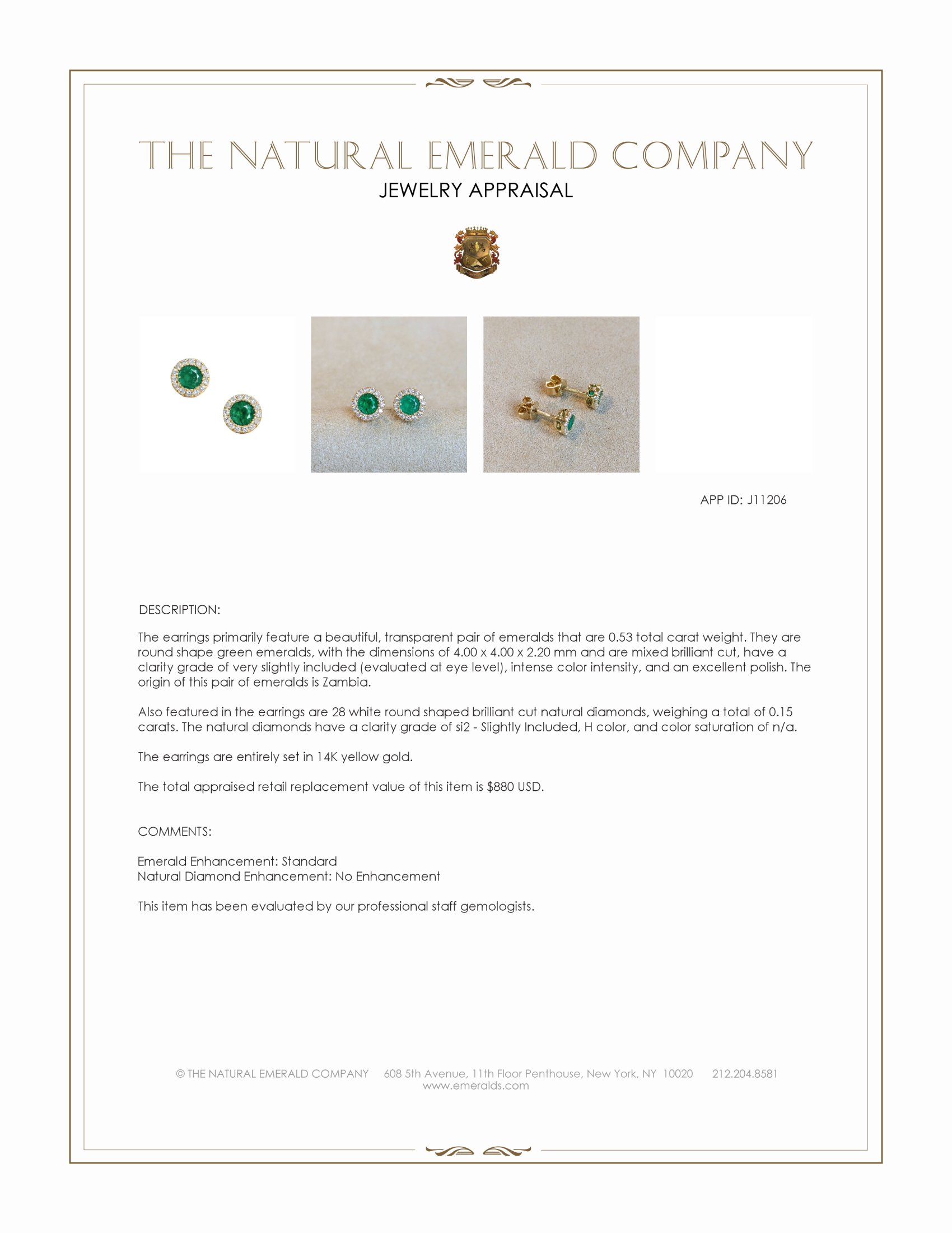 0.53 Ct.Tw. Emerald and Natural Diamond Studs Earrings, 14K Yellow Gold