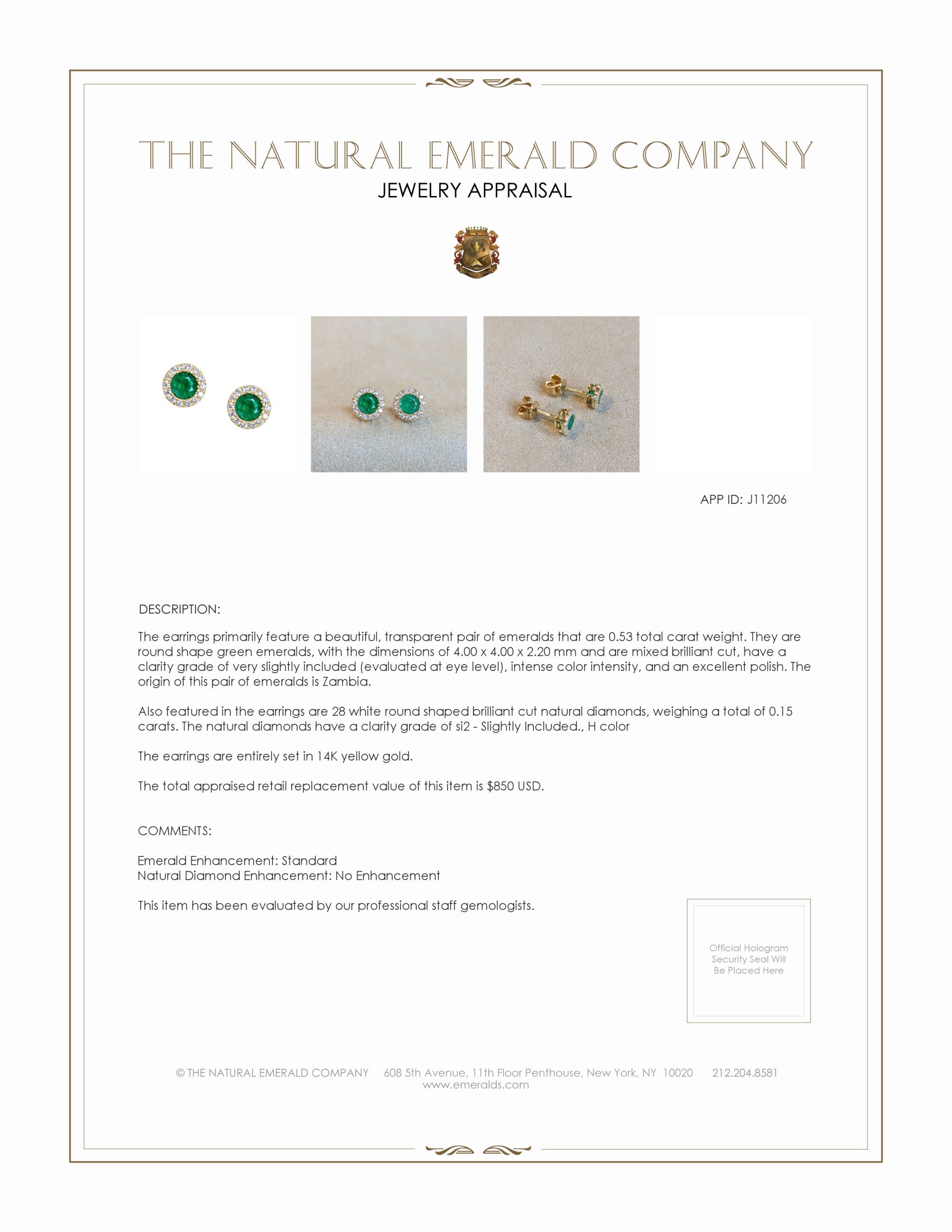 0.53 Ct.Tw. Emerald Natural Diamond Studs Earrings, 14K Yellow Gold