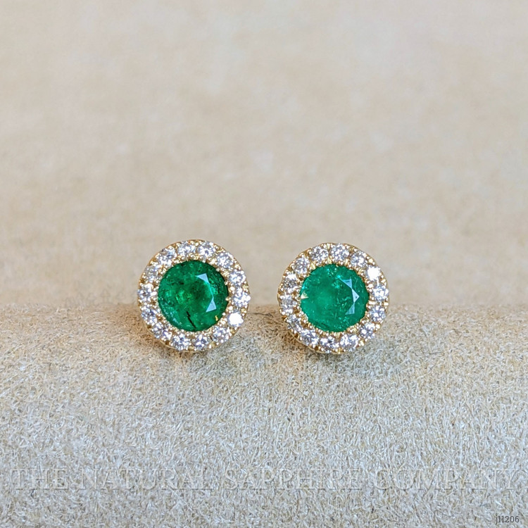 0.53 Ct.Tw. Emerald Natural Diamond Studs Earrings, 14K Yellow Gold