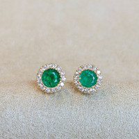 0.53 Ct.Tw. Emerald Natural Diamond Studs Earrings, 14K Yellow Gold Image