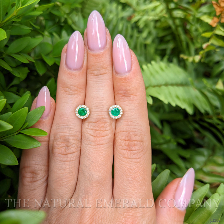 0.53 Ct.Tw. Emerald Natural Diamond Studs Earrings, 14K Yellow Gold