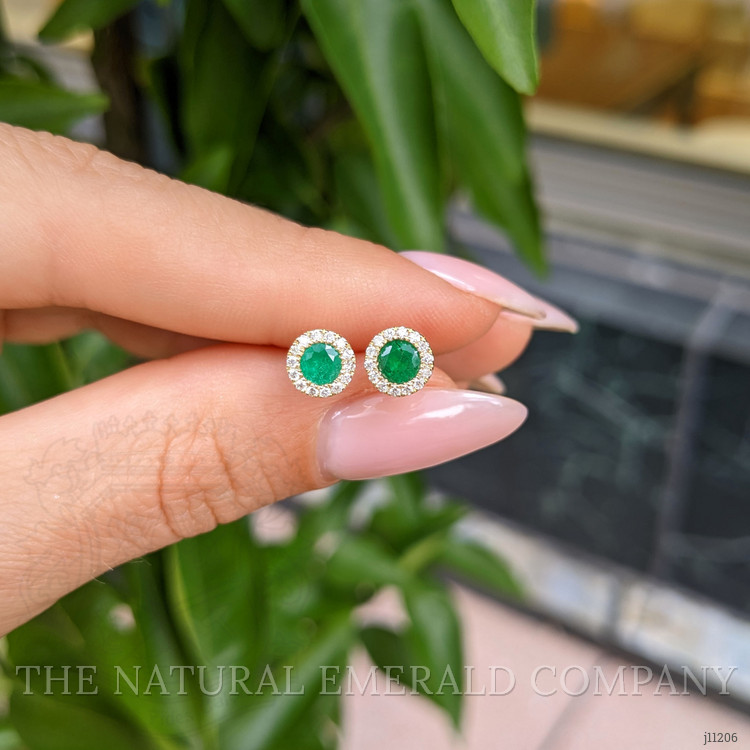 0.53 Ct.Tw. Emerald Natural Diamond Studs Earrings, 14K Yellow Gold