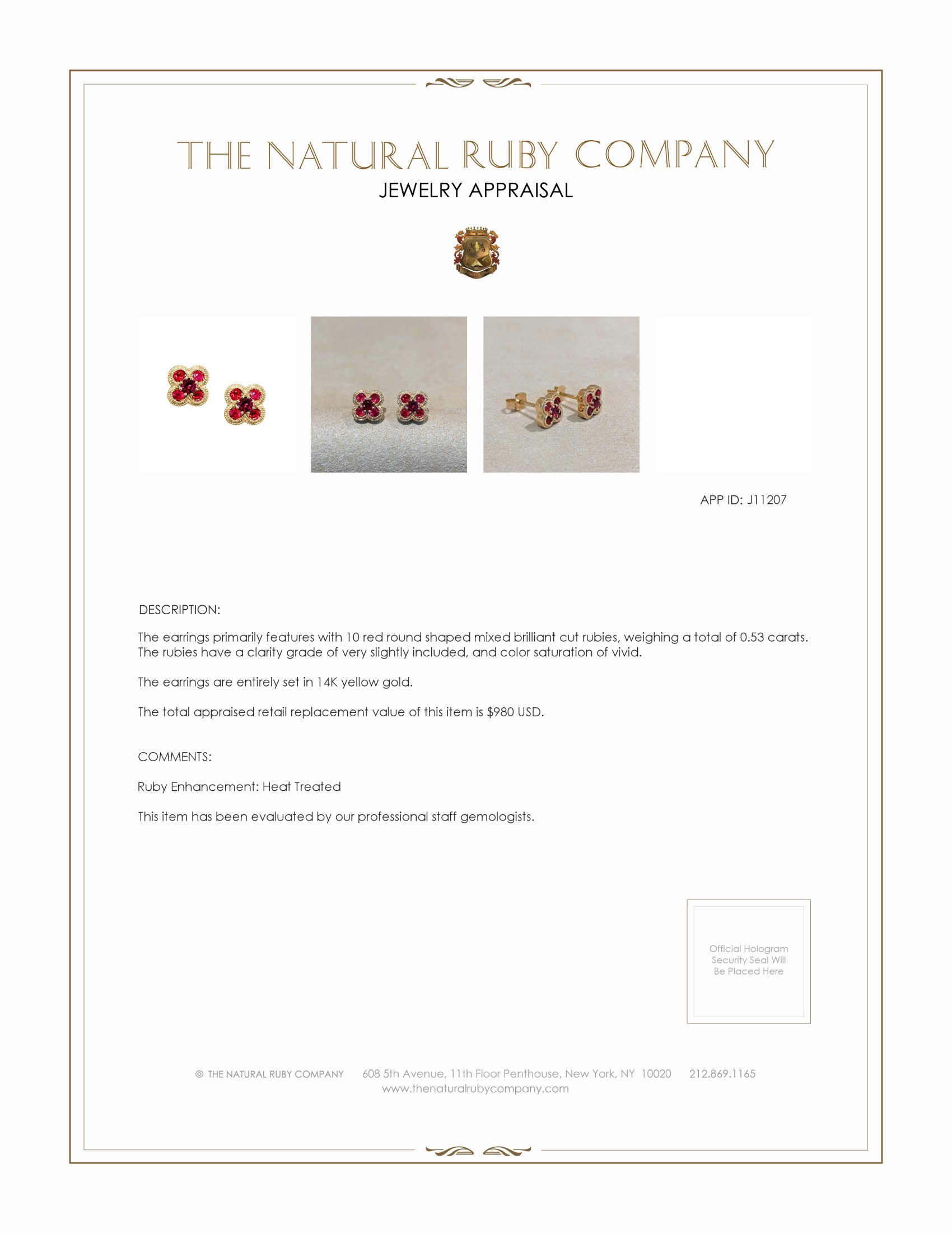 0.53 Ct.Tw. Ruby Studs Earrings, 14K Yellow Gold