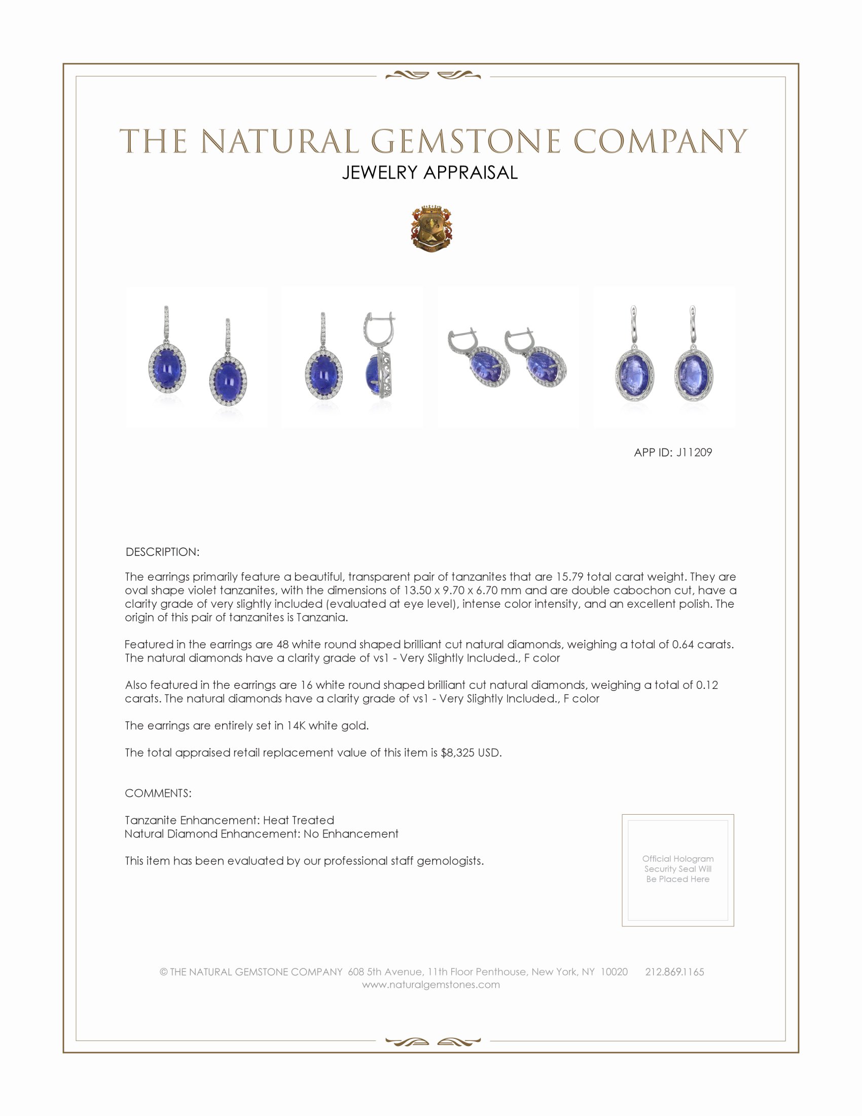 15.79 Ct.Tw. Tanzanite Natural Diamond Pave Earrings, 14K White Gold