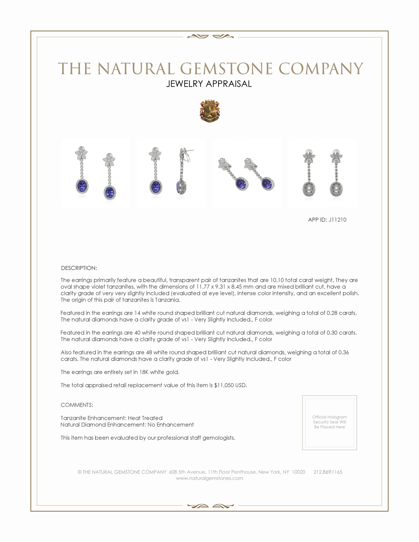 10.10 Ct.Tw. Tanzanite Natural Diamond Pave Earrings, 18K White Gold