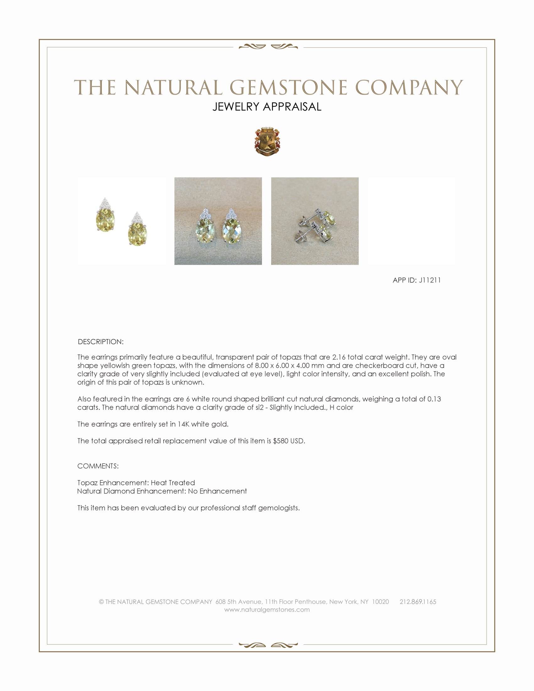 2.16 Ct.Tw. Yellowish Green Topaz and Natural Diamond Studs Earrings, 14K White Gold