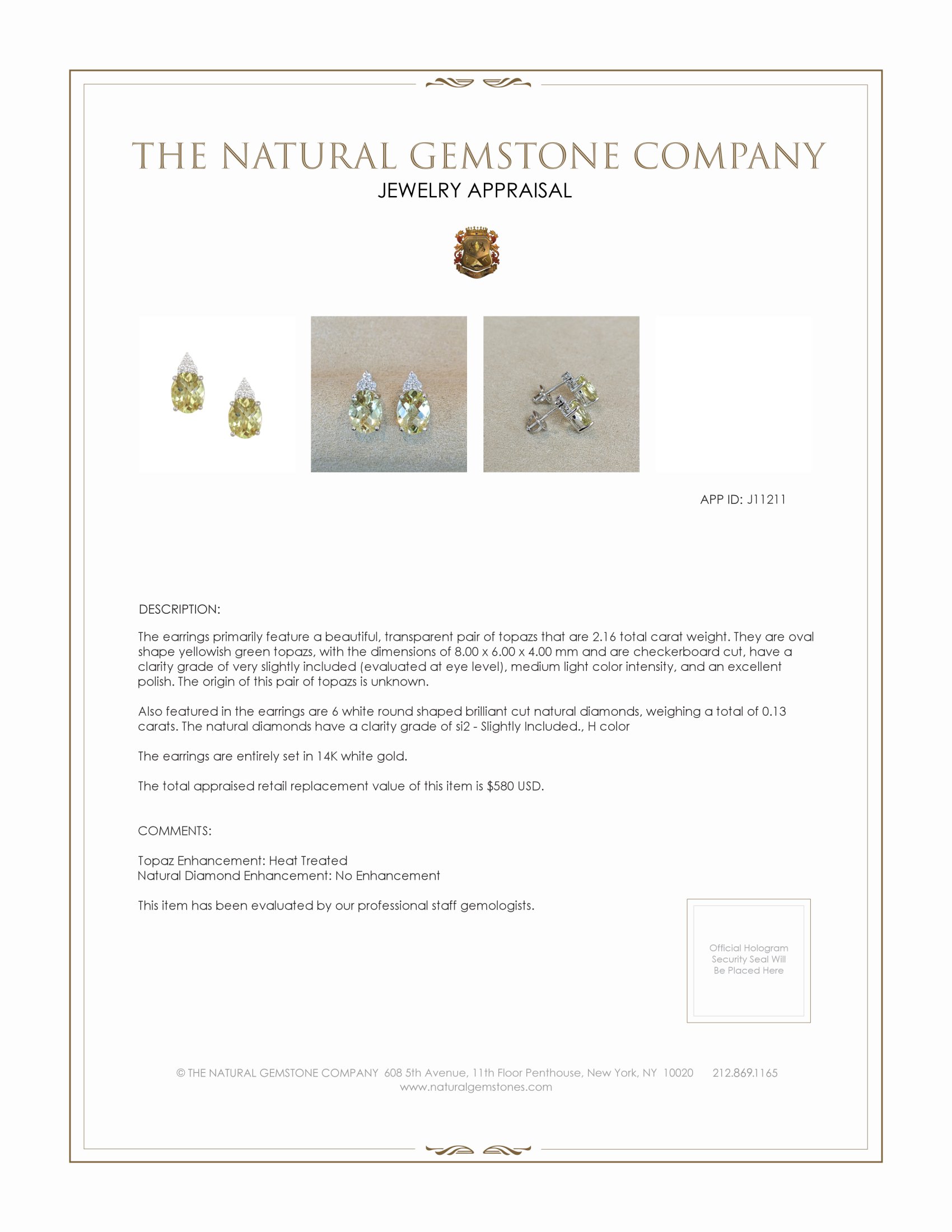 2.16 Ct.Tw. Topaz Natural Diamond Studs Earrings, 14K White Gold