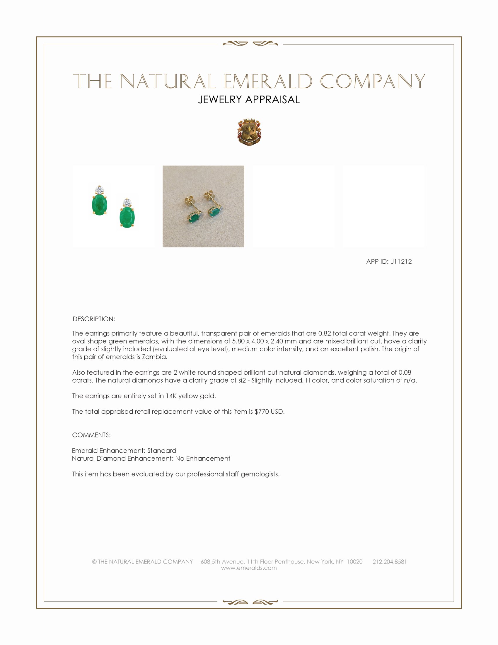 0.82 Ct.Tw. Emerald and Natural Diamond Accent Stones Earrings, 14K Yellow Gold
