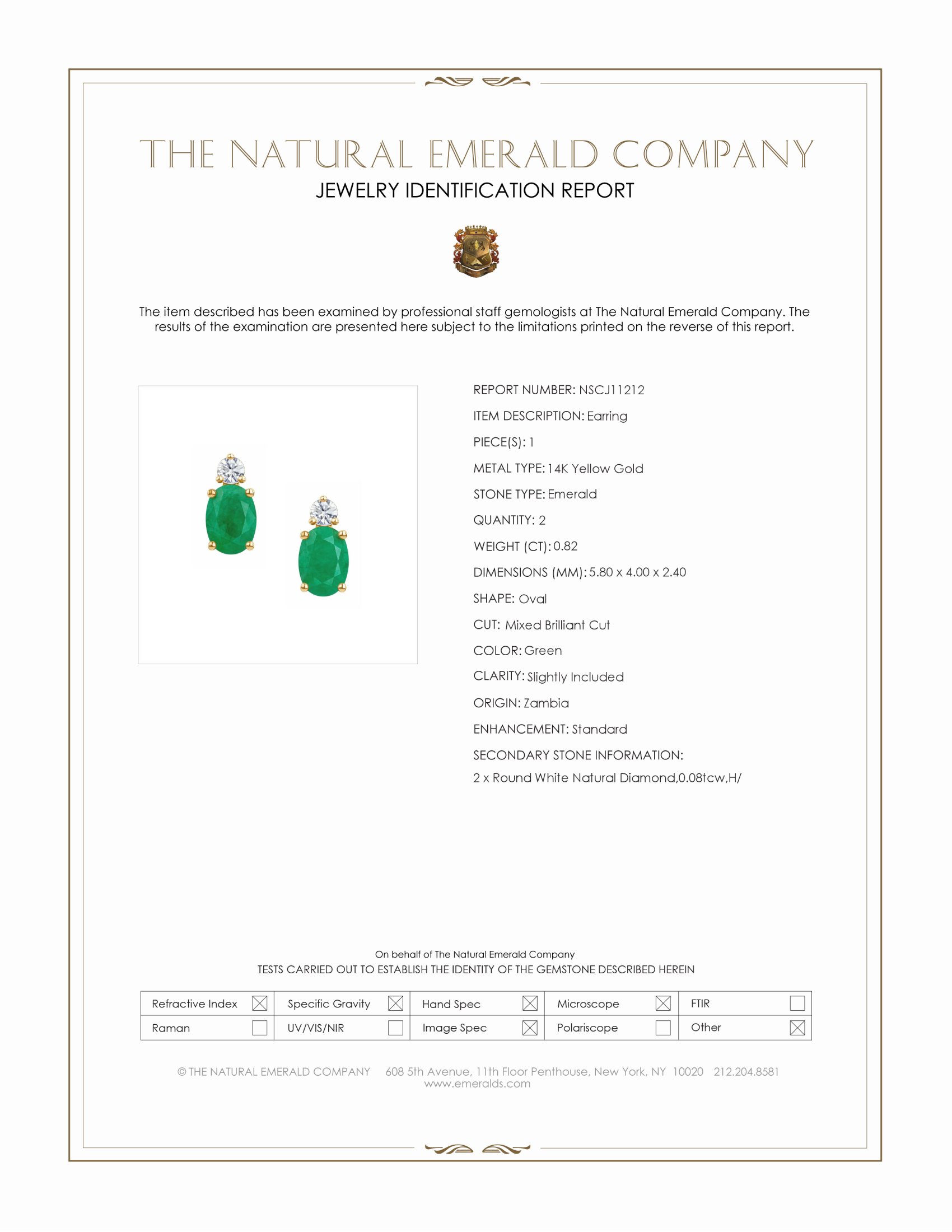0.82 Ct.Tw. Emerald and Natural Diamond Accent Stones Earrings, 14K Yellow Gold
