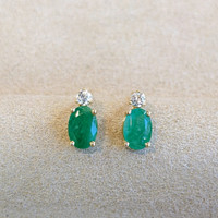 0.82 Ct.Tw. Emerald Natural Diamond Studs Earrings, 14K Yellow Gold Image