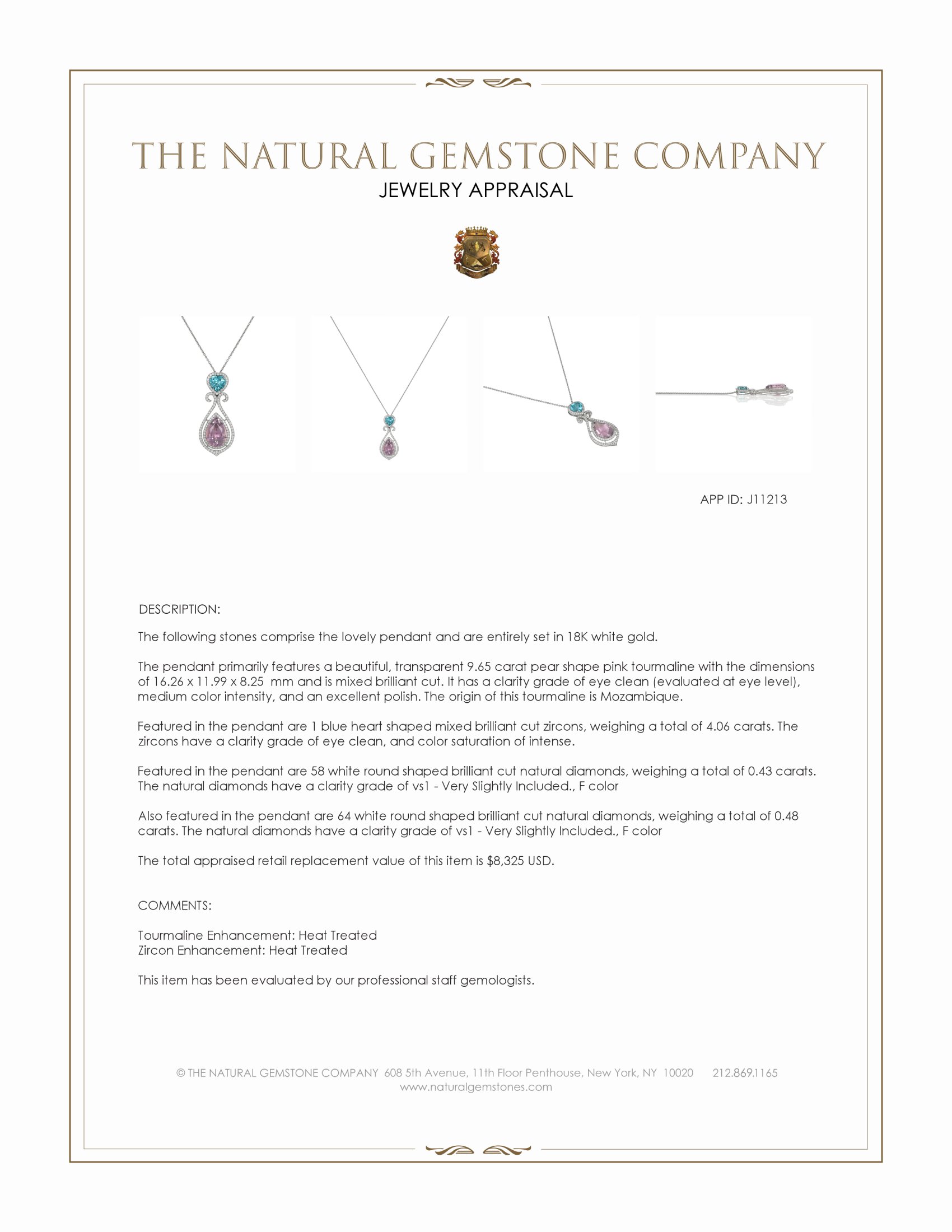 9.65 Ct. Pink Tourmaline, Blue Zircon and Natural Diamond Pave Pendant, 18K White Gold