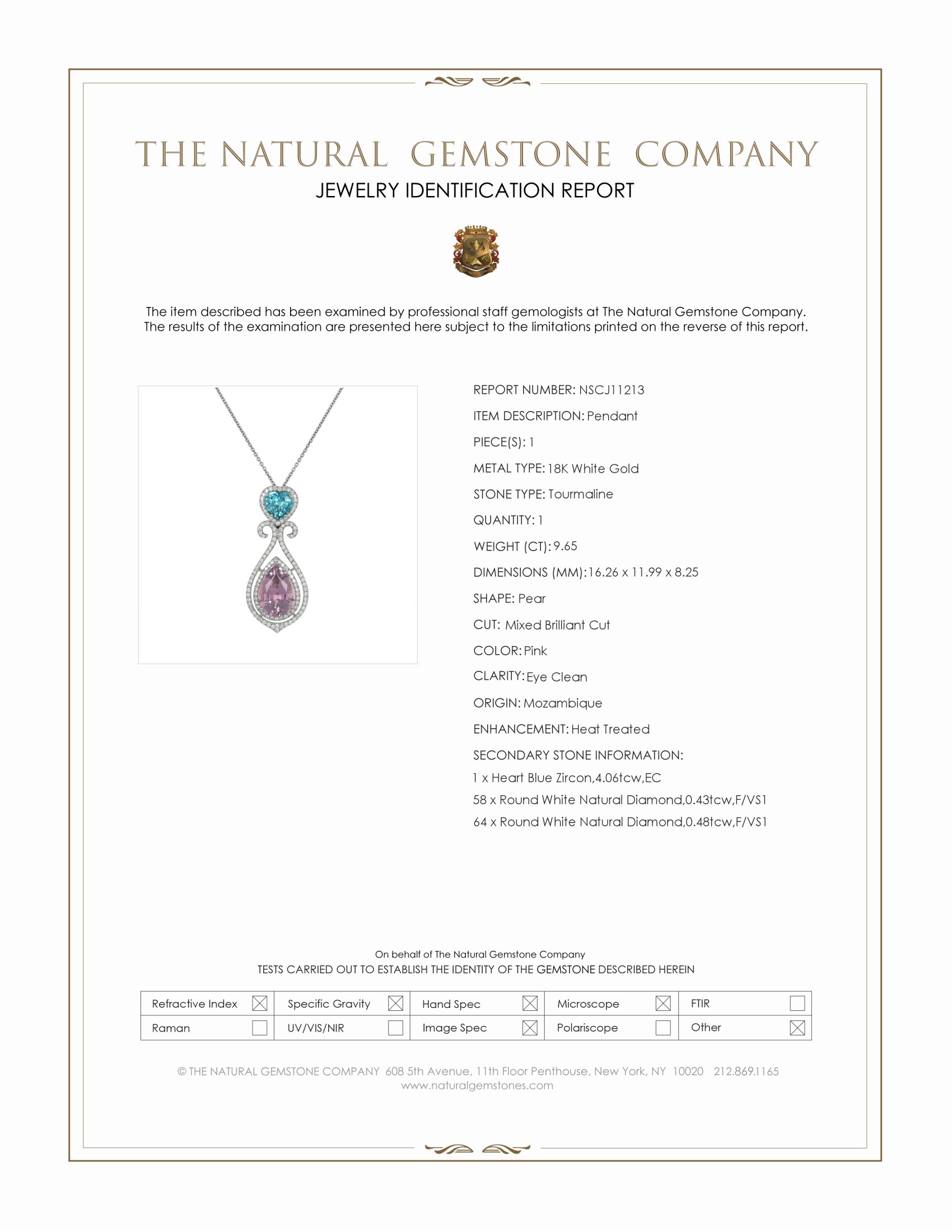 9.65 Ct. Pink Tourmaline, Blue Zircon and Natural Diamond Pave Pendant, 18K White Gold
