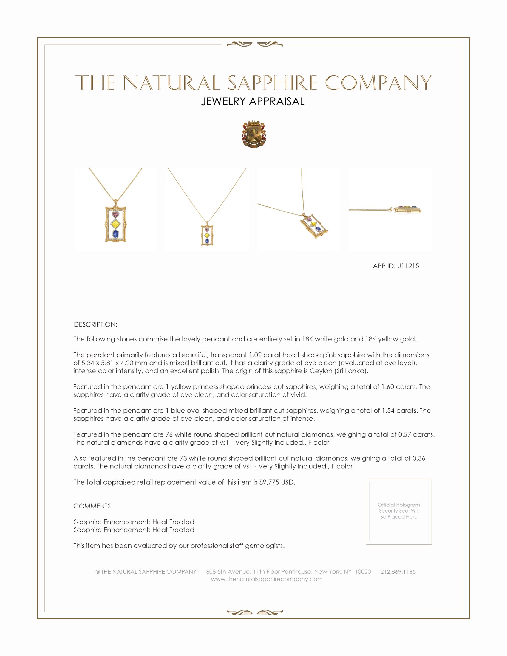 1.02 Ct. Mixed Sapphire and Natural Diamond Pave Pendant, 18K White & Yellow