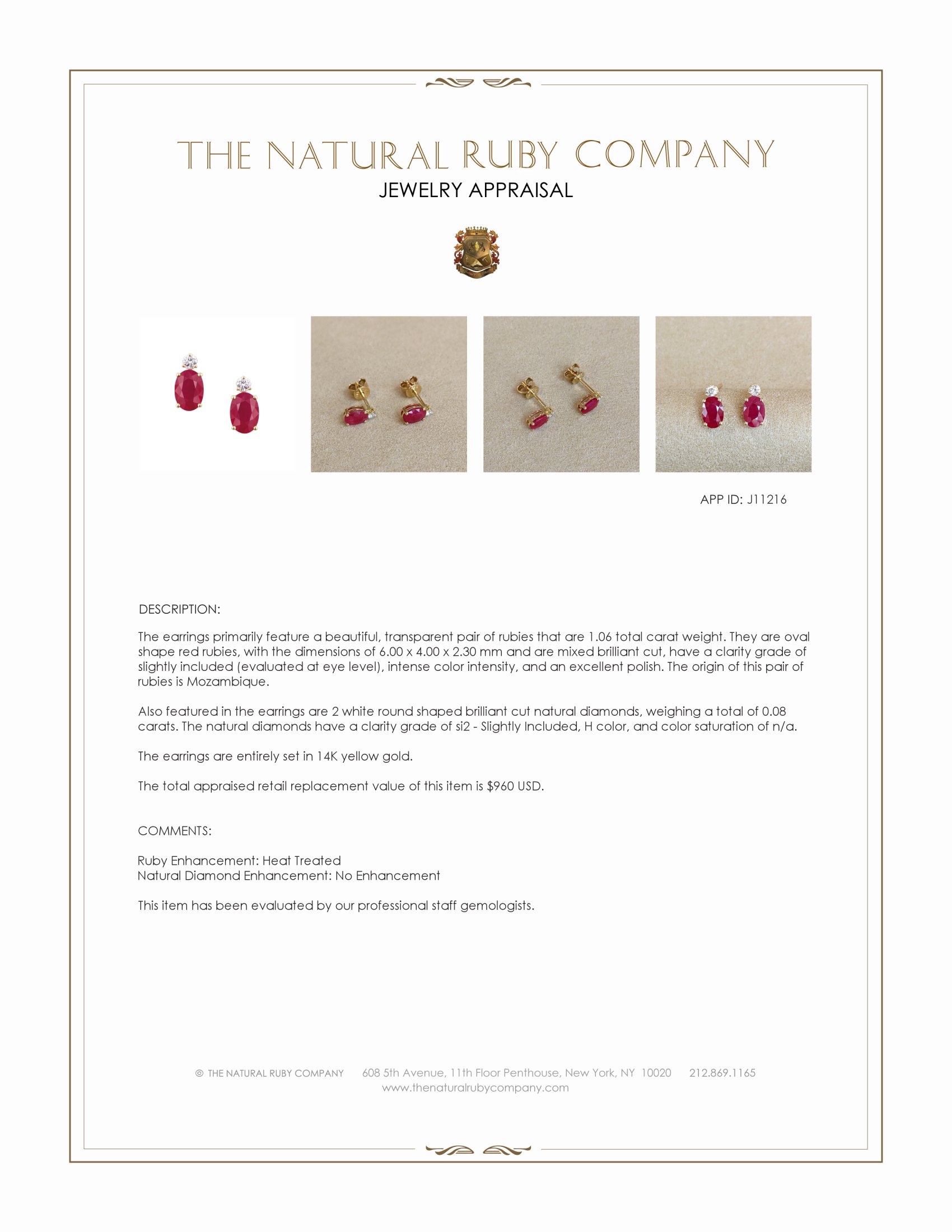 1.06 Ct.Tw. Ruby and Natural Diamond Studs Earrings, 14K Yellow Gold