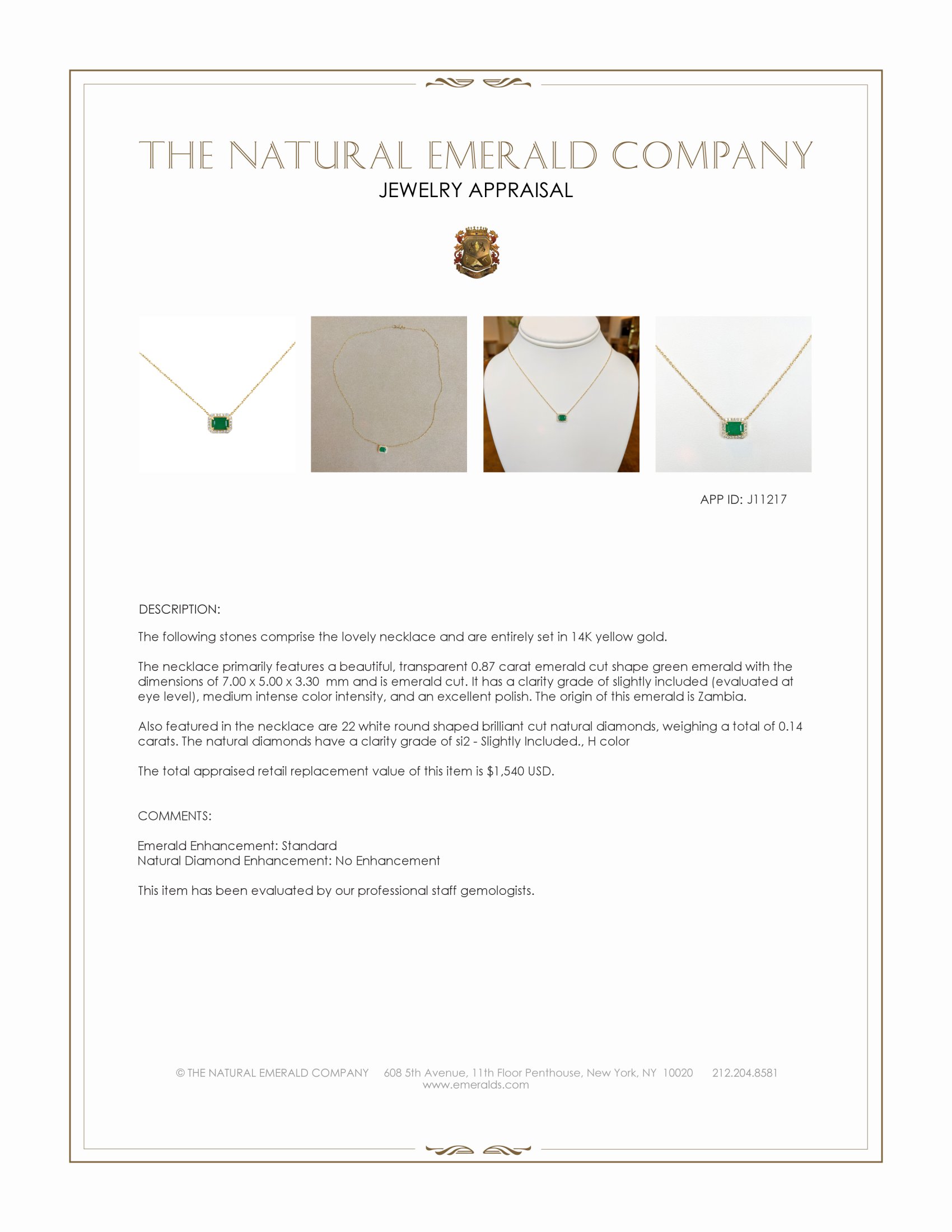 0.87 Ct. Emerald and Natural Diamond Halo Necklace, 14K Yellow Gold